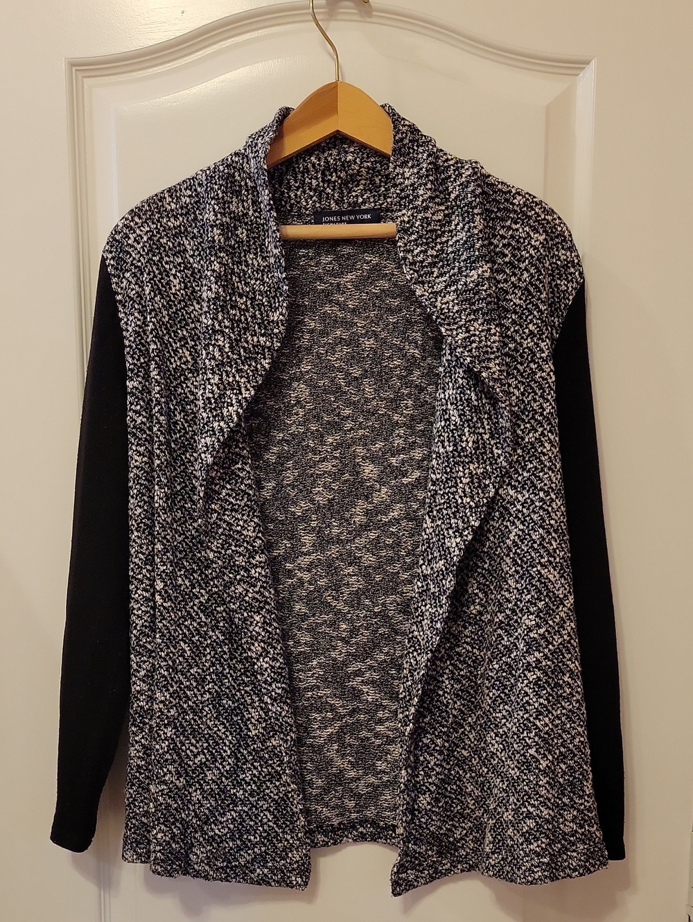 Jones New York Black & White Marled Open-Front Cardigan